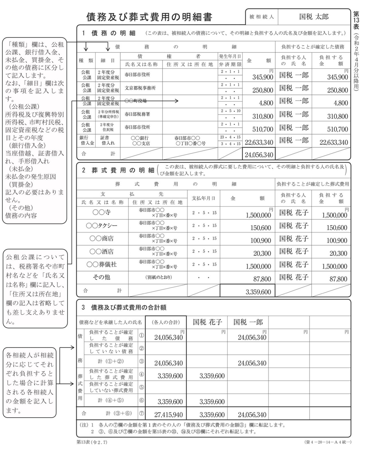 第13表「債務及び葬式費用の明細」の書き方