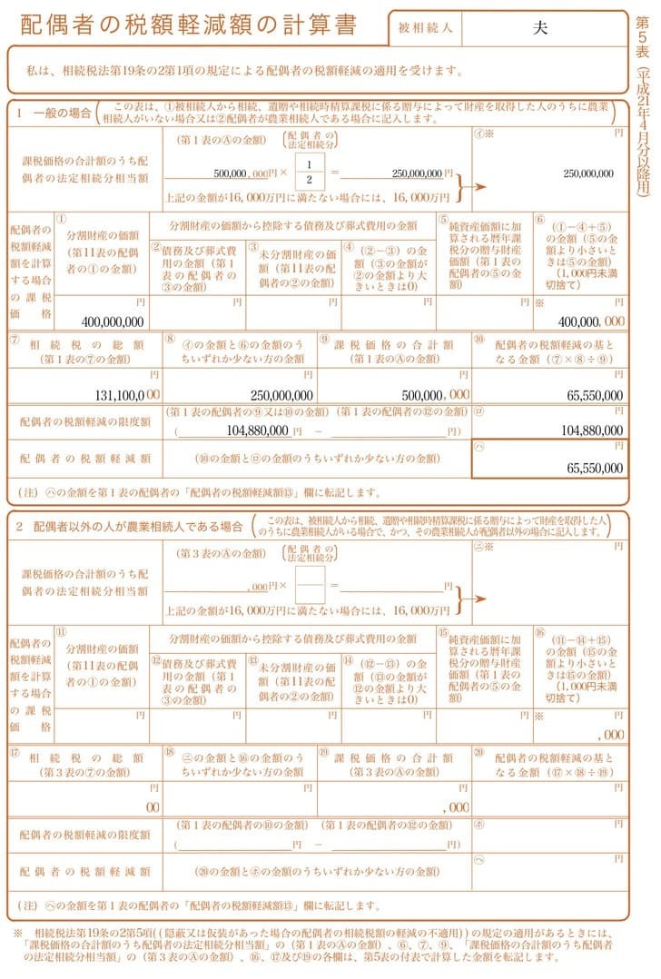 第5表 配偶者の税額軽減額の計算書