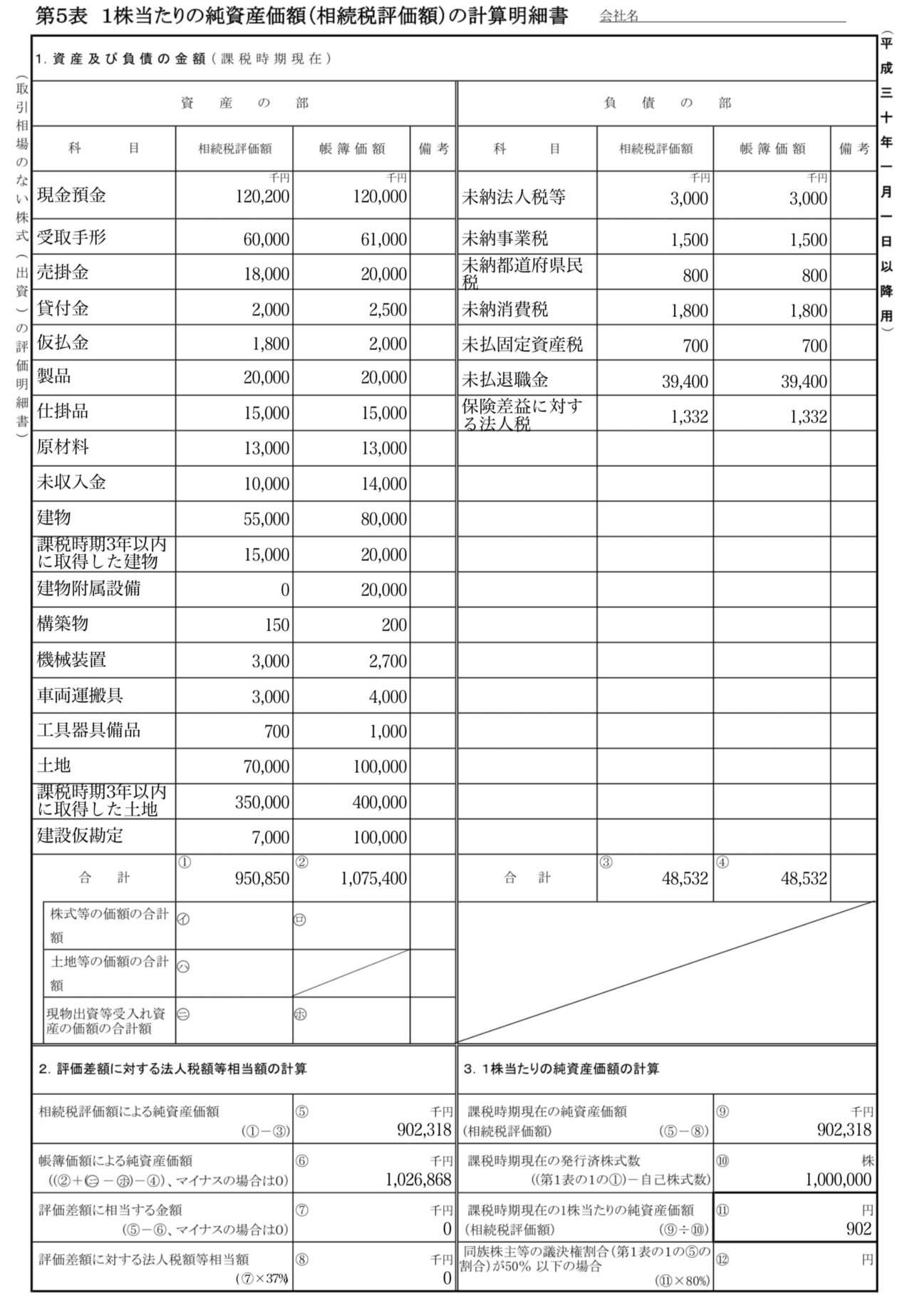 第5表 1株当たりの純資産価額（相続税評価額）の計算明細書