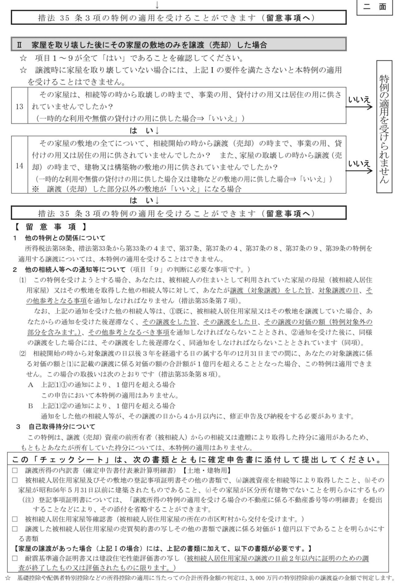 国税庁の空き家譲渡特例のチェックシート