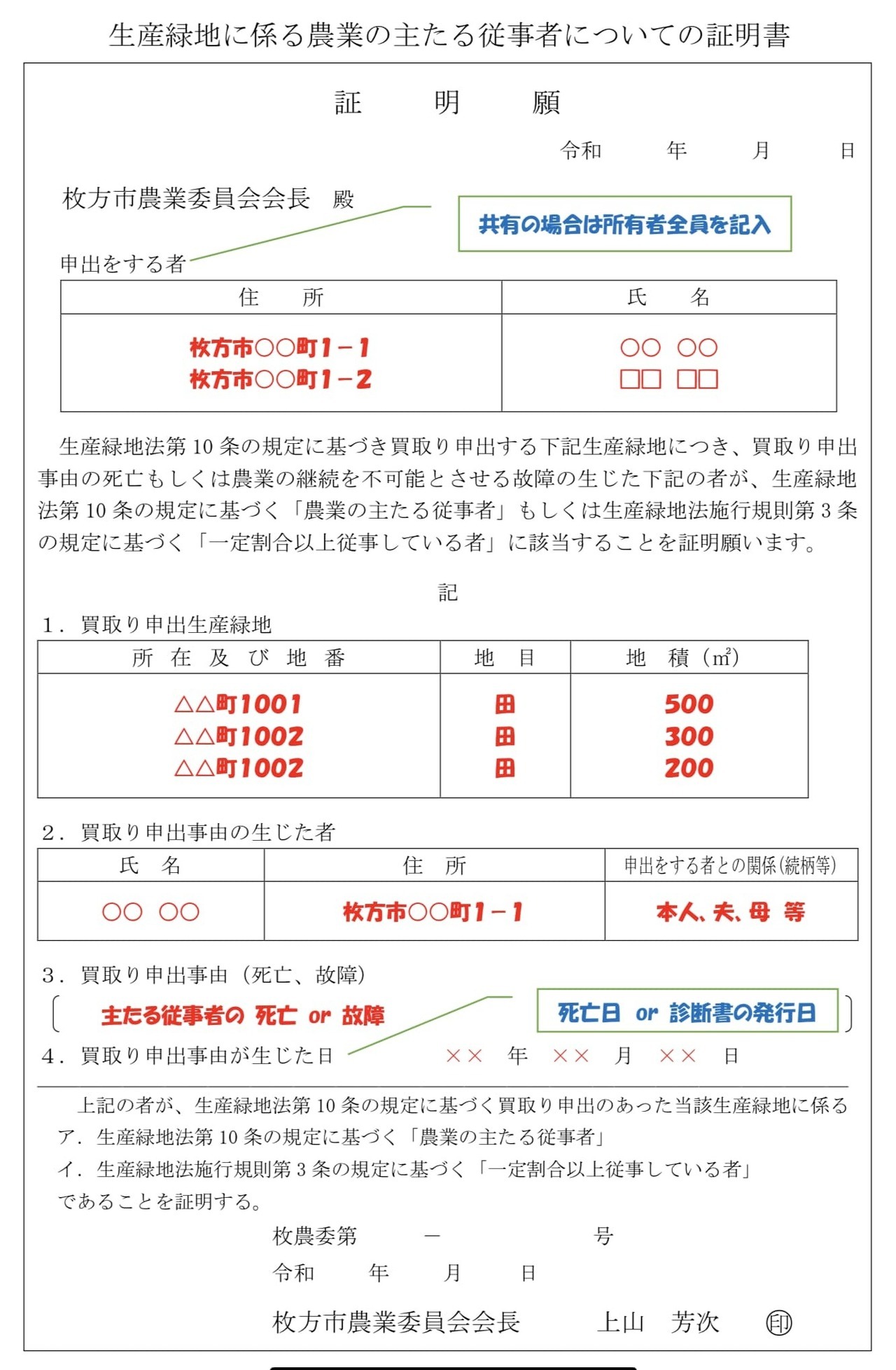 生産緑地の農業の主たる従事者証明願