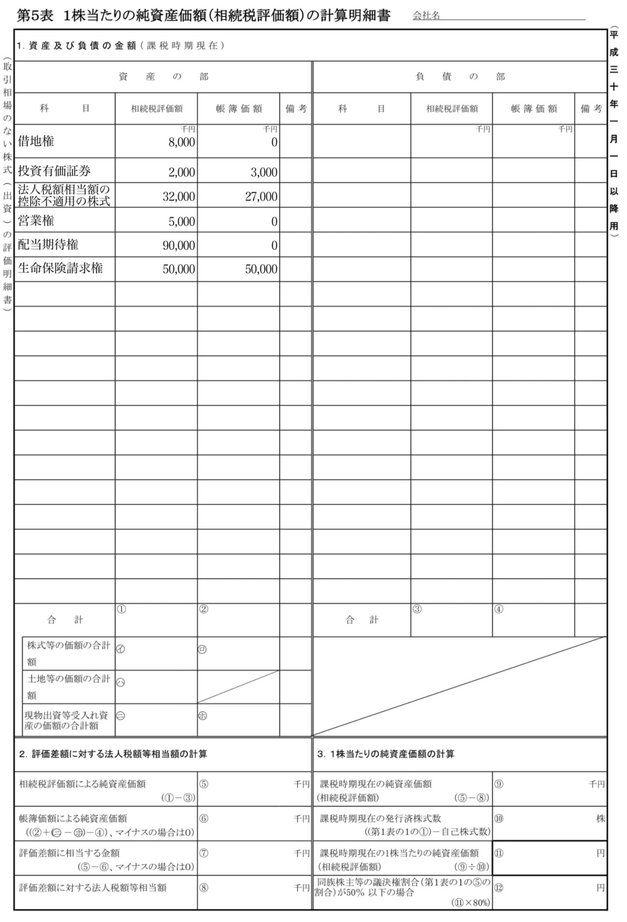 第5表 1株当たりの純資産価額（相続税評価額）の計算明細書