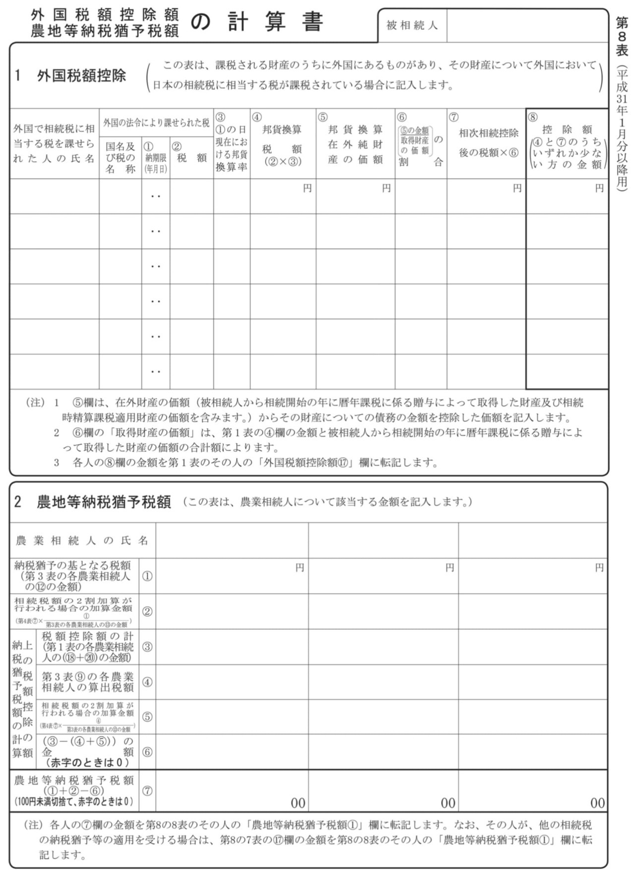 第8表 外国税額控除額・農地等納税猶予税額の計算書