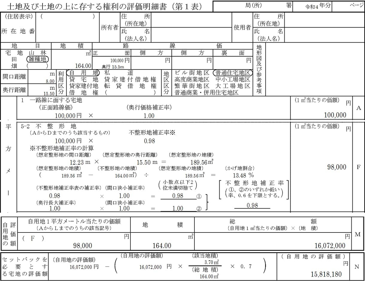 土地及び土地の上に存する権利の評価明細書